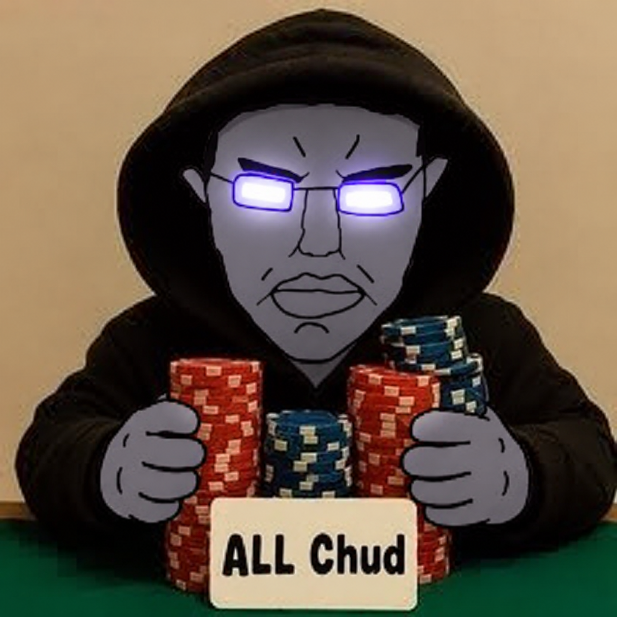 All Chudjak in a black hoodie at a poker table with red and blue chips